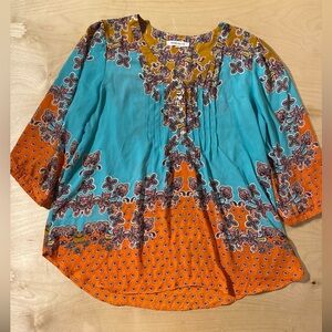 Rose & Olive Teal and Orange Floral Blouse 1X (FJ)